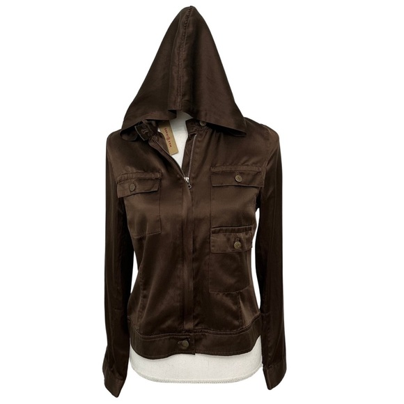 Max Jeans Cargo Hooded Jacket Zip Up Silk Blend Brown Size Small NWT Retail $92 - Picture 1 of 9
